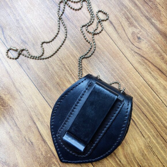 Genuine Leather UNIVERSAL Police Security Badge Holder Belt Clip & Neck Chain - Picture 5 of 7